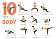 10 Yoga poses or asana posture for workout in body strength concept. Women exercising for body stretching. Fitness infographic. Flat cartoon vector