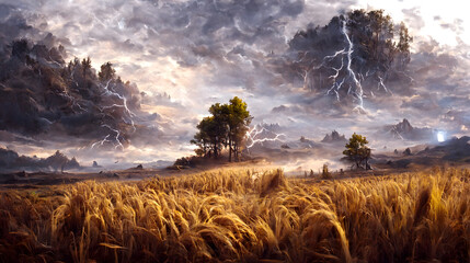 Wall Mural - Artistic concept of painting a beautiful landscape of wild nature, with farmland such as wheat in the background. Tender and dreamy design, background illustration