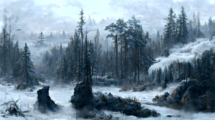 Artistic conception of beautiful landscape painting of nature of forest, background illustration, tender and dreamy design.   