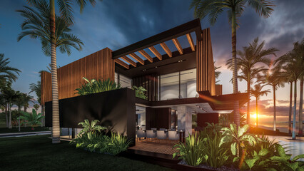 Wall Mural - 3d rendering of modern cozy house with parking and pool for sale or rent with wood plank facade by the sea or ocean. Sunset evening by the azure coast with palm trees and flowers in tropical island