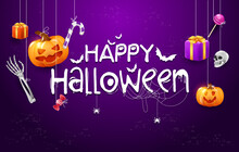 Horizontal Purple Happy Halloween Banner. A Group Of 3D Illustrations Hangs On Top Of Pumpkins, A Gift, Sweets