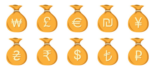 Poster - Set of money bags different currency in a flat design
