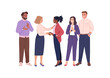 Hiring a new member. Vector illustration in cartoon flat style of the multiracial business team and two friendly women are shaking hands. Isolated on white