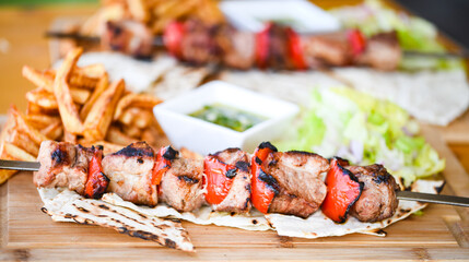 tasty greek souvlaki skier with fresh vegetables