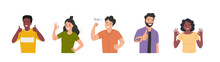 Different Young Women And Men Show Yeah Positive Gesture, Approval Gesturing. Flat Style Cartoon Vector Illustration.