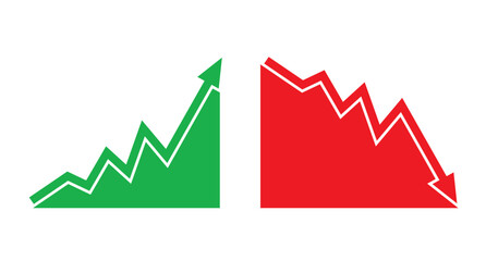 Graph going Up and Down sign with green and red arrows vector. Flat design vector illustration concept of sales bar chart symbol icon with arrow moving down and sales bar chart with arrow moving up.