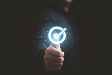 Fototapete - Businessman hand thumb up with virtual correct sign or tick mark for approve quality assurance and guarantee concept.