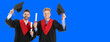 © Pixel-Shot - Happy male graduating students on blue background with space for text