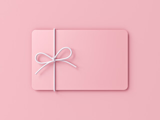 Poster - Minimal pink pastel color gift card with white rope bow isolated on pink pastel color background with shadow sweet love romance minimal conceptual 3D rendering