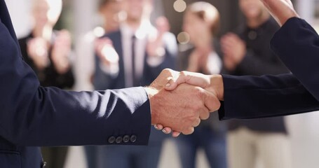 Canvas Print - Handshake, agreement and partnership between business people meeting and greeting. Closeup of corporate or political leaders handshaking after a successful deal outside with applause from an audience