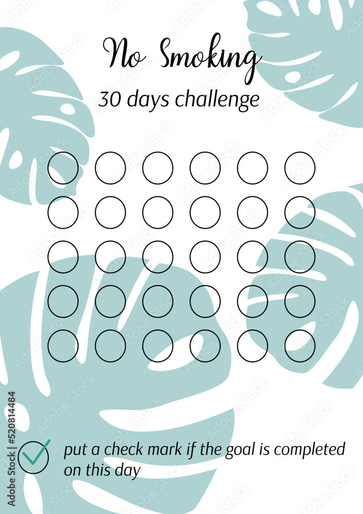 Image vectorielle Stock No smoking tracker. Personal 30 days challenge  without cigarettes printable template. Healthy lifestyle habits tracker  blank. Vector illustration of paper sheet for marking progress in month