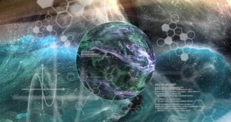 Sticker - animation of chemical formulas over blue planet over night sky with moon