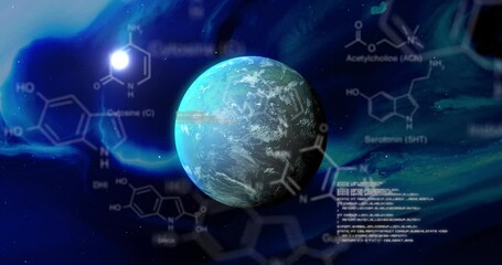 Sticker - animation of chemical formulas over blue planet over night sky with moon