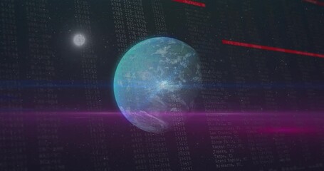 Wall Mural - animation of blue planet in black and purple space with data