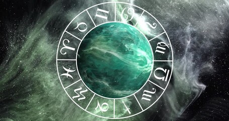 Sticker - animation of green planet and zodiac in black space with smoke