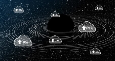 Sticker - animation of black planet and clouds with uploading in black space