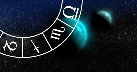 Sticker - animation of green planets and zodiac in black space