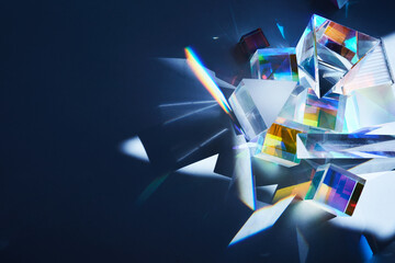Geometric figures prisms with light diffraction of spectrum colors and reflection with trendy light