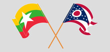 Crossed And Waving Flags Of Myanmar And The State Of Ohio