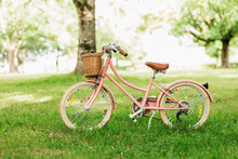 Pink Bicycle On Lawn In Park