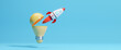 © Nuchjaree - Innovative rocket launch flying high from opening bright lightbulb idea. Concept new idea concept with innovation and inspiration.  Startup innovation with new ideas and creative. 3d rendering