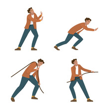 Man Pull And Push Set Of Poses. A Young Man In A Suit Of Different Positions Pulling A Rope Or Pushing An Object.