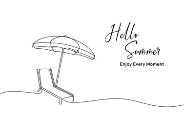 Wall Mural - Continuous line drawing of summer vacation concept, sandy beach, beach umbrella, lounge chairs, straw hat, sunglasses and flip flops on tropical beach in single line doodle style. Editable strokes.