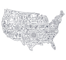 Hand Drawn Map Of The United States. Concept Of Travel To The United States. Monochrome Vector Illustartion. American Symbols On The Map.