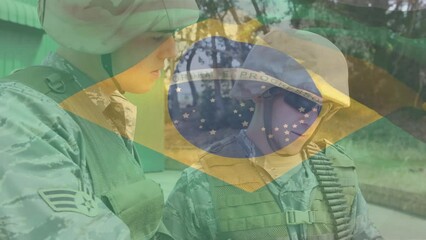 Poster - Animation of shapes and flag of brazil over caucasian soldiers