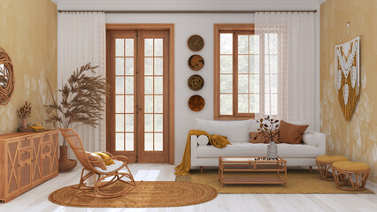 Farmhouse wooden living room in yellow and white tones, Sofa, rattan chest of drawers, jute carpet and decors. Boho chic interior design