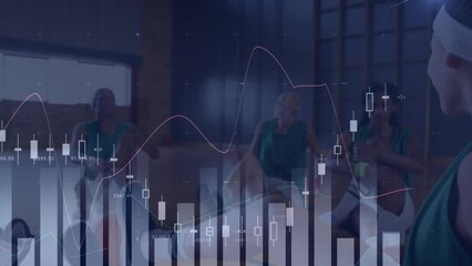 Wall Mural - Animation of financial data processing over diverse basketball players