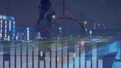 Wall Mural - Animation of financial data processing over diverse basketball players and cityscape