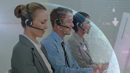 Poster - Animation of globe and data over diverse business people using phone headsets