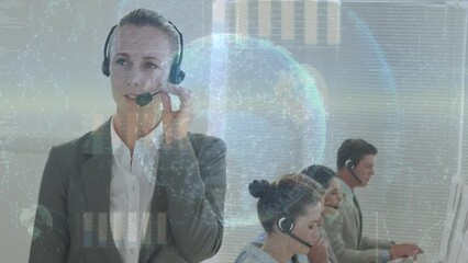 Poster - Animation of globe and data over diverse business people using phone headsets