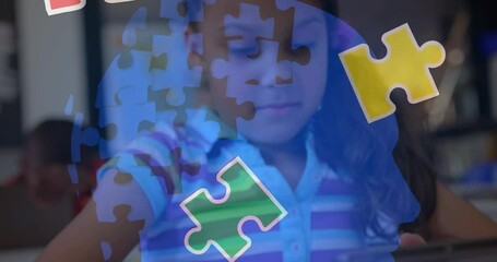 Canvas Print - Animation of puzzle pieces over biracial schoolgirlusing tablet