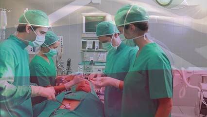 Wall Mural - Animation of russian national flag over doctors performing surgery on patient in operating room