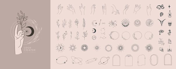 Logo design creator with different frames, floral elements and hand gestures. Magic objects in a minimalistic linear style elements set isolated on background. Vector minimal trendy