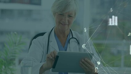 Wall Mural - Animation of network of connections with icons over caucasian female doctor using tablet