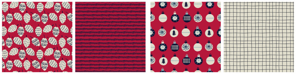 Seamless patterns set. Hand drawn baubles decorated with patterns in Scandinavian style on light blue background. Christmas, New Year, winter holidays concept. For wrapping paper