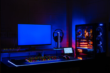 High-End Computing gaming set monitor blue screen with screen showing computer status