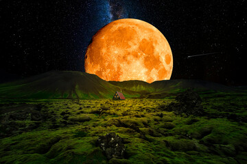 Wall Mural - house on the meadow in the light of the full moon