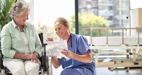 Poster - Happy health care professional sharing positive news with older patient. Laughing senior woman talking to a nurse while reading test results together. Support, care and kindness from a loving doctor