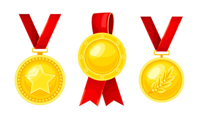 Golden Award or Distinction with Red Ribbon as Token of Recognition of Excellence Vector Set