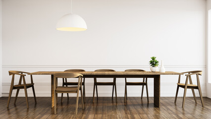 Wall Mural - White wall and Wood modern chairs in dining room interior - 3D rendering