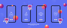 Protection From Taxes Set Icon. Money Bag, Bomb, Umbrella, Shield, No Hidden Fees, Transparent. Financial Management Concept. Glassmorphism. UI Phone App Screens. Vector Line Icon For Business