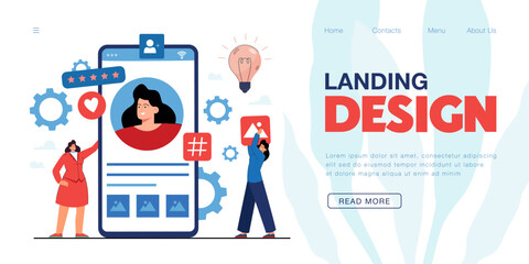 Wall Mural - Woman with personal brand managing online presence or identity. Brand awareness, digital branding or marketing flat vector illustration. Internet, management concept for banner or landing web page