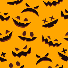 Halloween Pumpkins Carved Faces Silhouettes Seamless Pattern On An Orange Background. Scary And Funny Faces Of Halloween Pumpkin Or Ghost. Vector Illustration