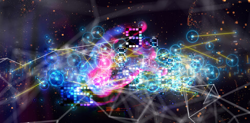 Neural network 3D illustration. Big data and cybersecurity