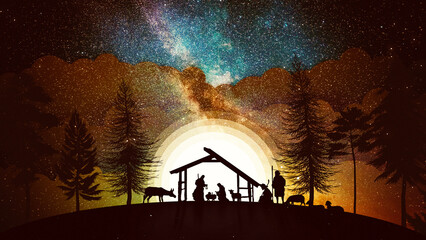 Wall Mural - Christmas Nativity Scene animation with real animals and trees on starry sky on golden bg