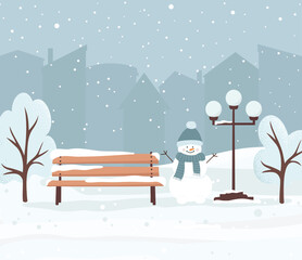 Winter city park with bench, lantern, trees, snowman and silhouettes of houses.